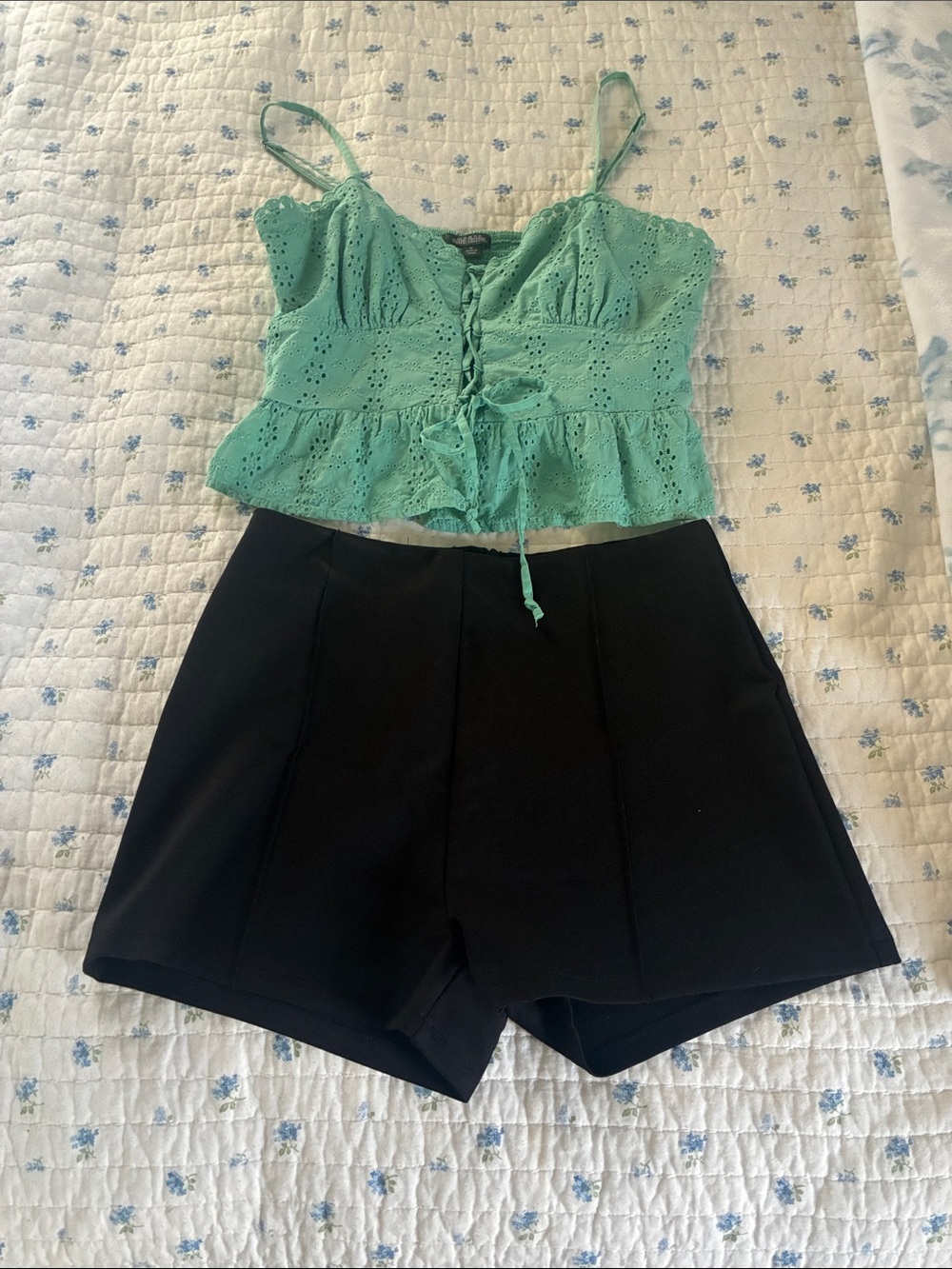 wild fable Mint Eyelet Lace-Up Cropped Cami with black shorts